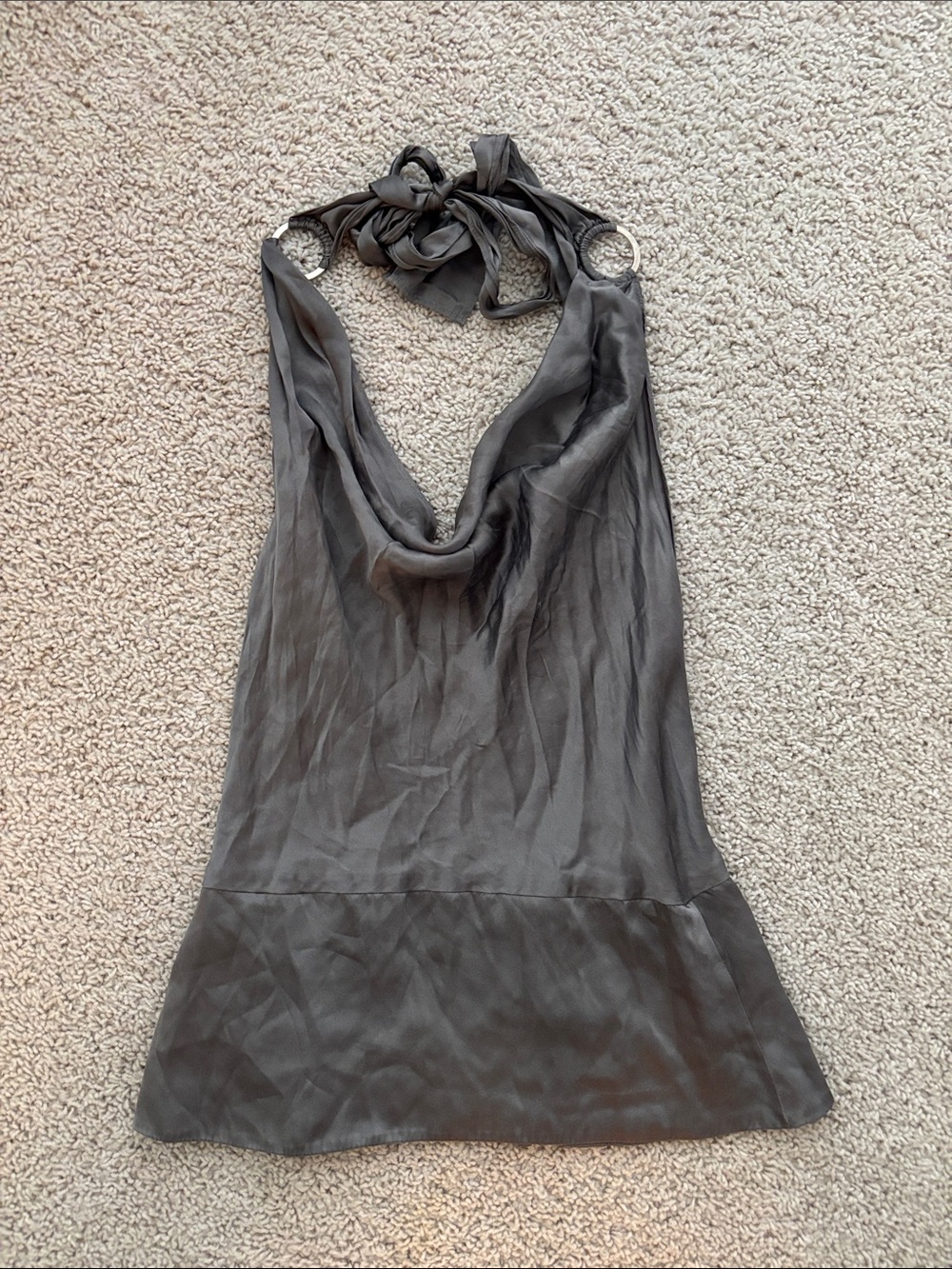 To The Max Silk Gray Halter Neck Backless Tank with Ring Detail